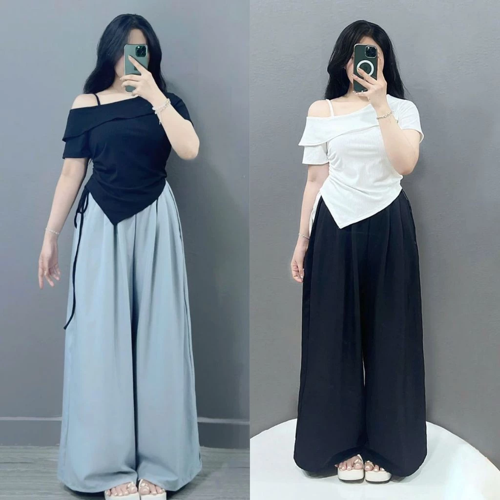ชุดสตรีฤดูร้อนสไตล์ขนาดใหญ่, ชุดเสื้อยืดเปิดไหล่พร้อมกางเกงขากว้างผ้านุ่มเย็น ชุด980