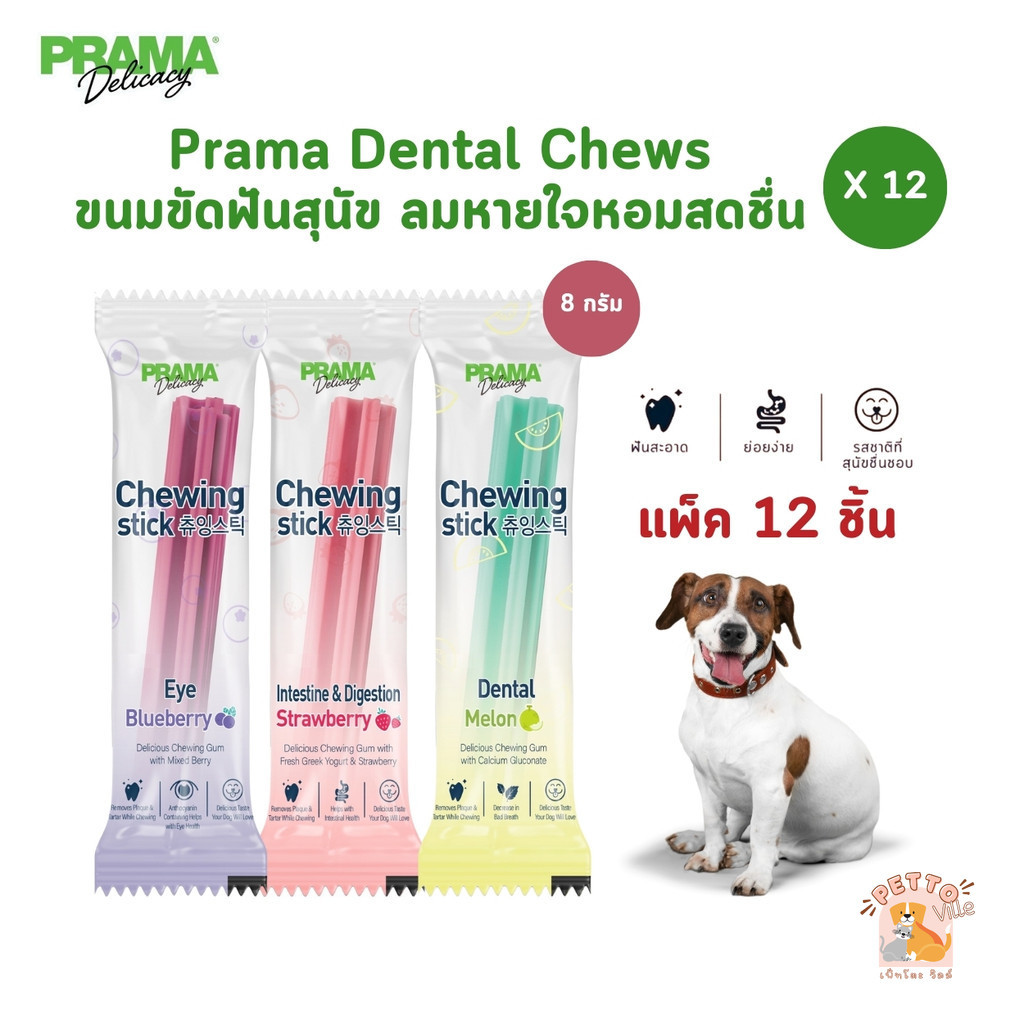 [12 ชิ้น] Prama Dental Chews ขนมขัดฟัน สำหรับสุนัข ลมหายใจหอมสดชื่น ขนาด 8 กรัม
