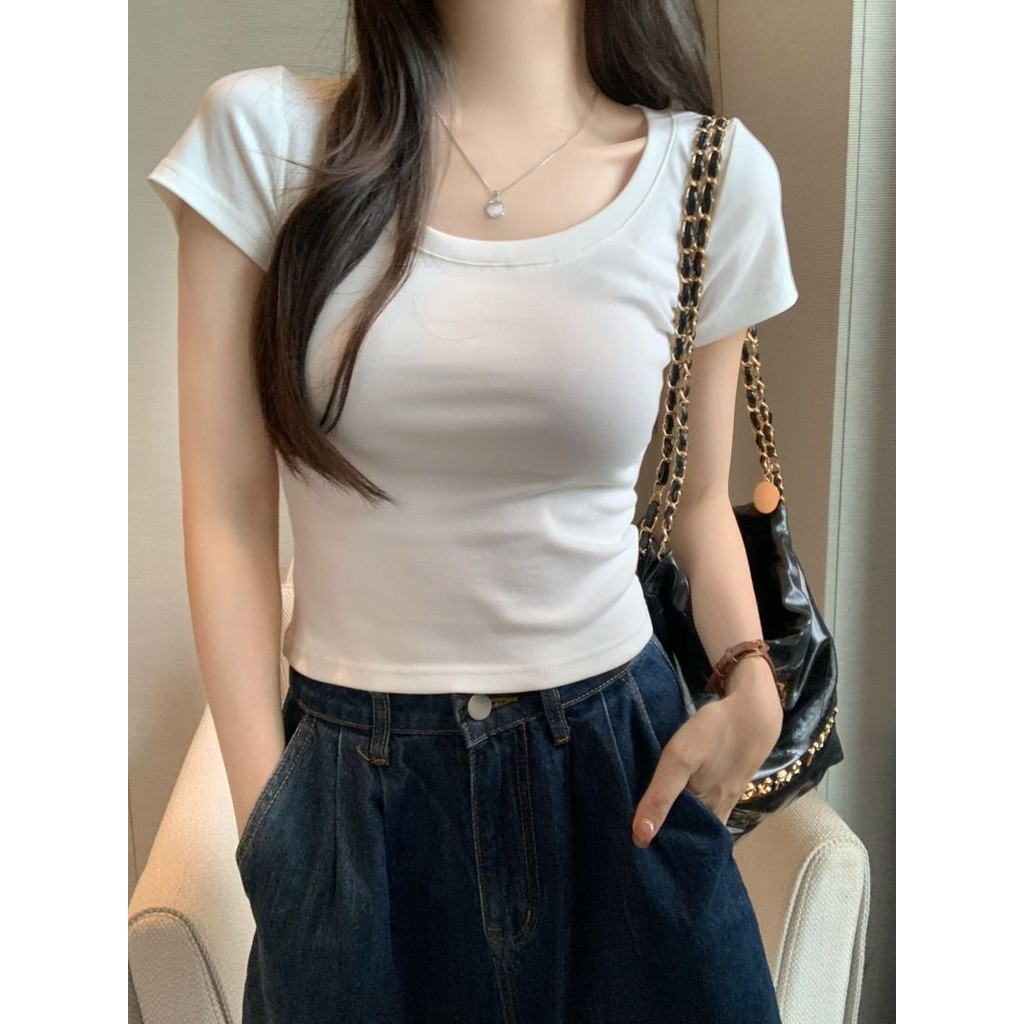 2025 สไตล์ใหม่ 40 นับผ้าฝ้ายแท้ 210g 92 Cotton/8 Spandex เสื้อยืดผู้หญิงแขนสั้นขนาดใหญ่รอบคอ U-คอทอข