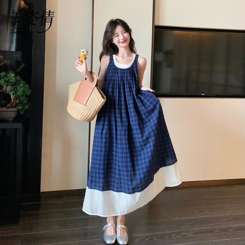 ชุดเดรสแขนกุดลายตารางสีน้ำเงิน สไตล์วรรณกรรมฝรั่งเศส Mori Retro ชุดยาวสำหรับวันหยุดที่สดชื่นพร้อมขนเทียม ZZAD