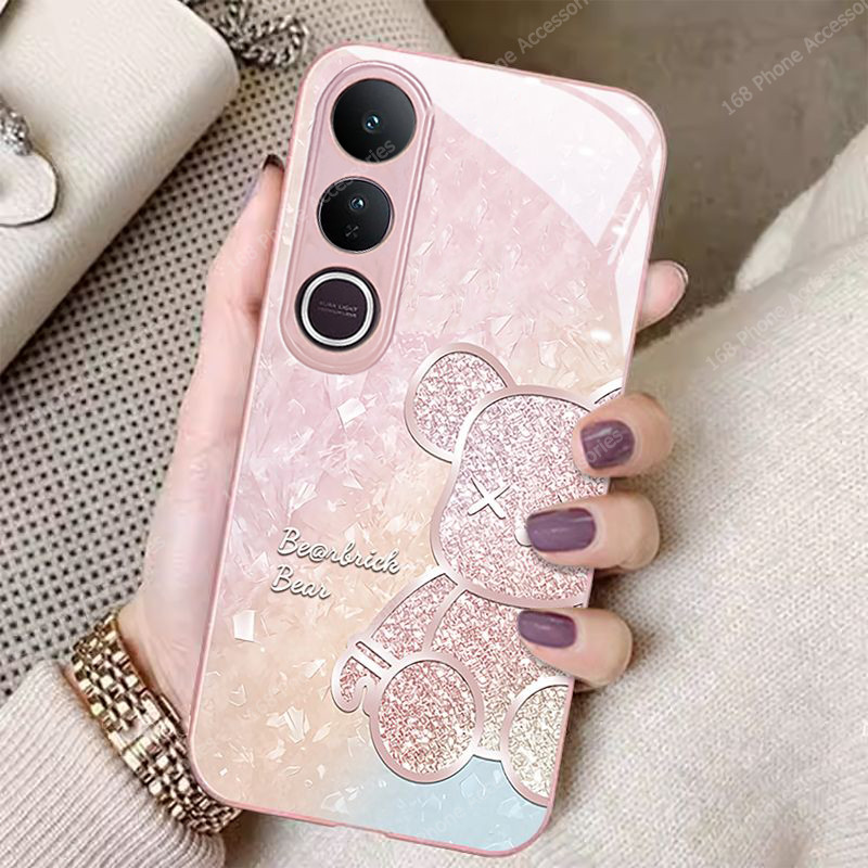 เคส Vivo V50 Lite เคส Vivo Y200 5G เคสกันกระแทกน่ารักหมีพร้อมฝาครอบกล้องผู้พิทักษ์หรูหราของเหลวแก้วเคสโทรศัพท์สําหรับเด็กผู้หญิงผู้หญิง
