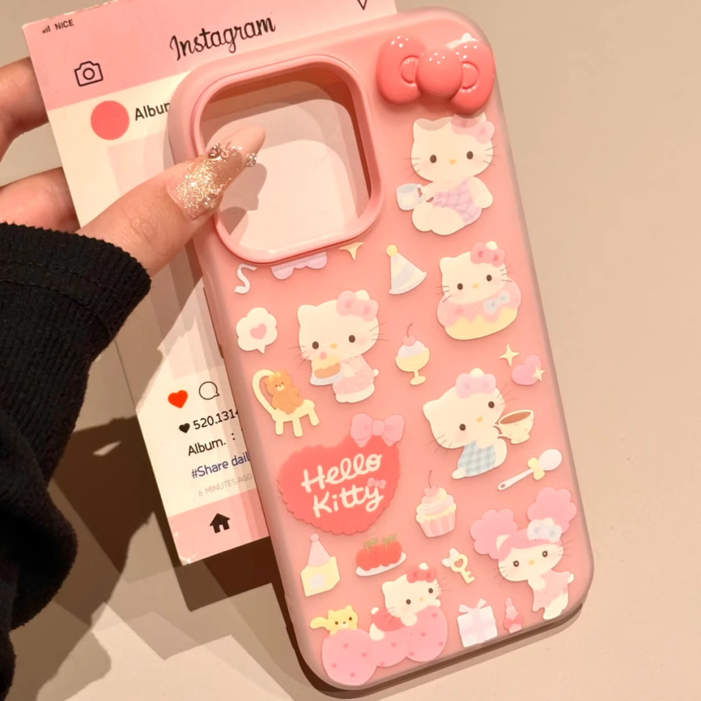 ขนม Kitty Bow ในสามมิติ frosted hard Case สําหรับ iPhone Case 16promax 16pro 16plus 15plus 15 15prom