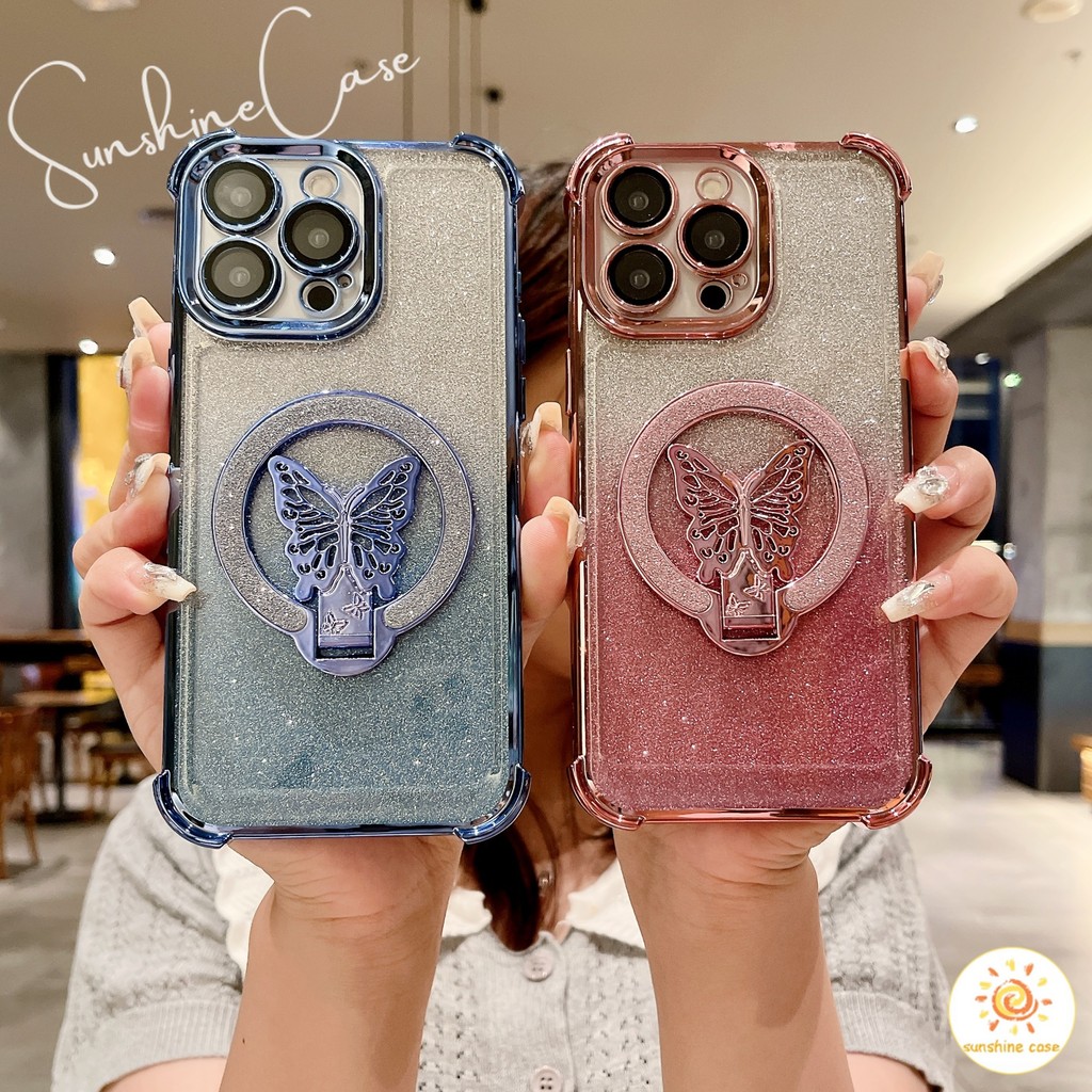 เคสผงเพชร ขาตั้งตัวผีเสื้อ แม่เหล็กการชาร์จมือถือ เคสสำหรับIPhone11 12 13 14 15 16 Pro PROMAX X/XR/XSMAX สี่มุมกันกระแทก