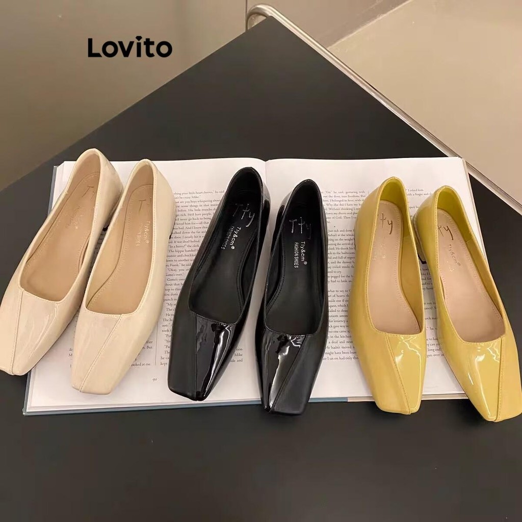 Lovito รองเท้าส้นเตี้ยแบบบัลเลต์ส้นเตี้ยสไตล์ฝรั่งเศสสำหรับใส่ไปทำงานสำหรับผู้หญิง หนังสิทธิบัตรแบบเรียบหรูสไตล์วินเทจ LFA70251