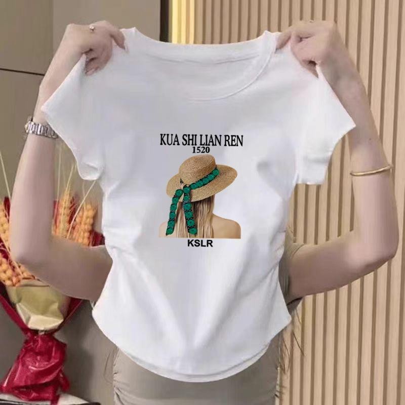 เสื้อครอปฤดูร้อนอเนกประสงค์บางบางลวดลายการ์ตูนการพิมพ์จดหมายสีขาวชุดตรุษจีนหญิง เสื้อสีขาวลวดลายการ์ตูนเสื้อสาวอวบเสื้อ