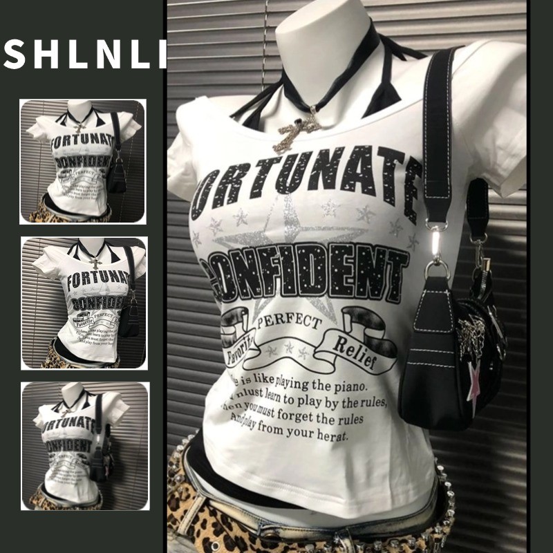 American Summer Retro เสื้อยืดแขนสั้นผู้หญิงพิมพ์ตัวอักษรสั้น Slim Fit ปลอมสองชิ้นสายรัดด้านบน