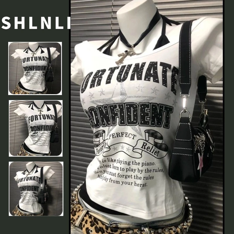 American Summer Retro เสื้อยืดแขนสั้นผู้หญิงพิมพ์ตัวอักษรสั้น Slim Fit ปลอมสองชิ้นสายรัดด้านบน
