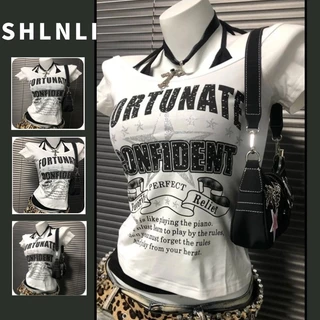 American Summer Retro เสื้อยืดแขนสั้นผู้หญิงพิมพ์ตัวอักษรสั้น Slim Fit ปลอมสองชิ้นสายรัดด้านบน
