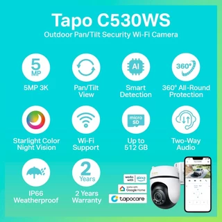 TAPO C530WS กล้องไวไฟ 3K 5MP ใช้งานภายนอก IP66 SMART AI ภาพสีสดใสแม้แสงน้อย 360° ประกัน 2 ปี