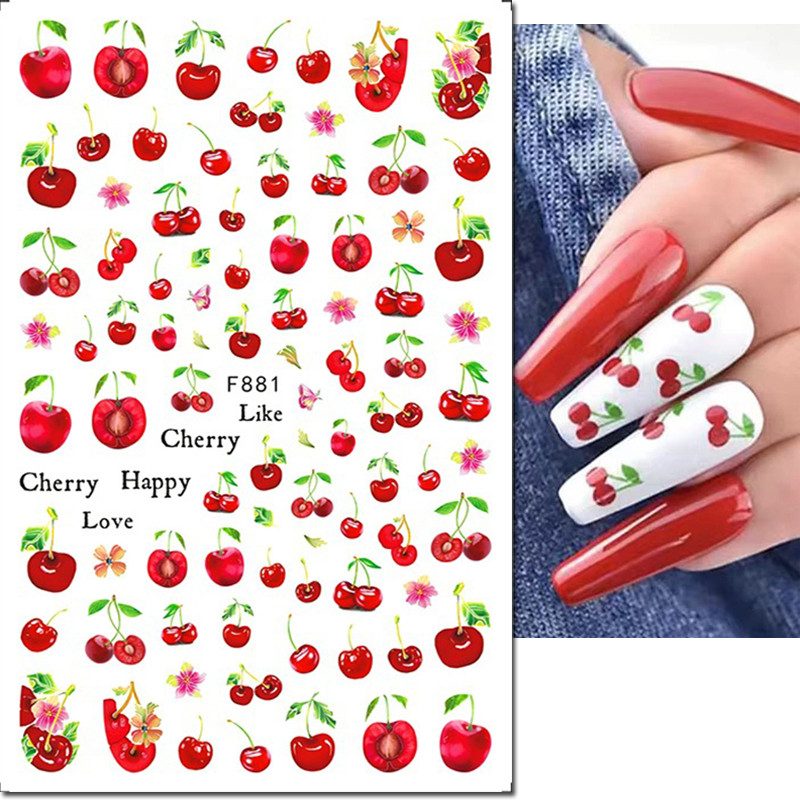 ผลไม้ฤดูร้อน 3D สติ๊กเกอร์ติดเล็บ Red Cherries ดอกไม้สีชมพูตัวเลื่อนกาว DIY สติ๊กเกอร์ติดเล็บสําหรับแต่งเล็บ