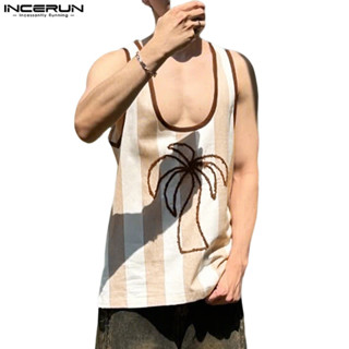 INCERUN ผู้ชายเกาหลี Street อินเทรนด์ U คอแขนกุดลายมะพร้าวพิ…