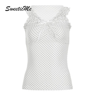 SweeticMe Womens 2025 แฟชั่นใหม่เสื้อกล้ามคอวีลายจุดกับโบว์