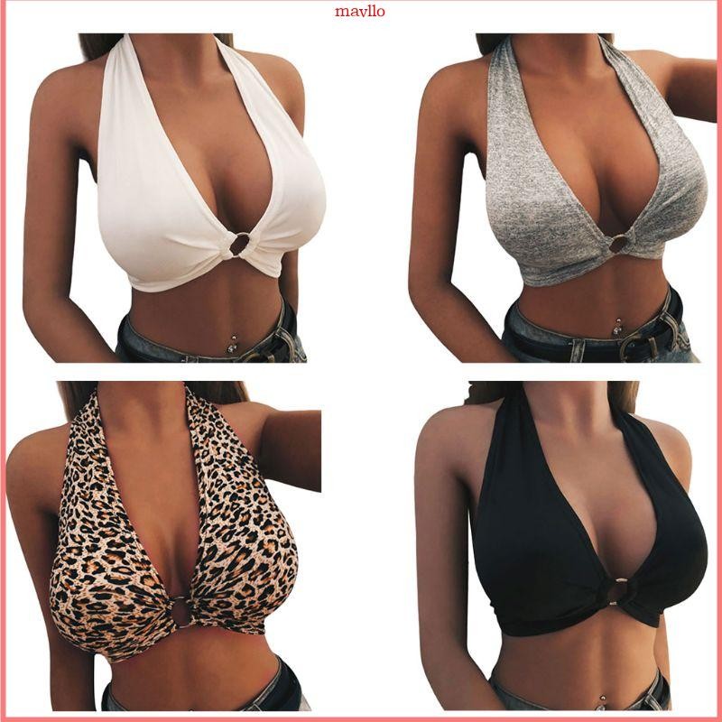 MAVLLO Womens Pluture Deep V คอ Bralette Halter Wide Strap Leopard Backless Cro