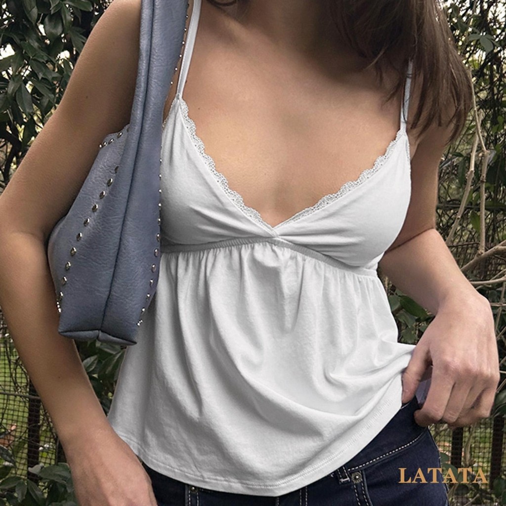 Poppia-เสื้อชั้นในสตรี Summer Babydoll สายเดี่ยวสปาเก็ตตี้แขนกุดเสื้อกล้ามลูกไม้
