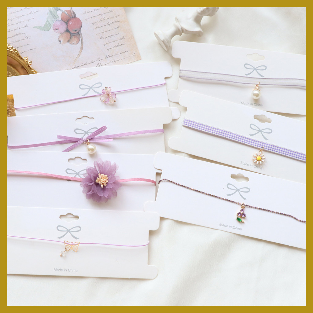 เครื่องประดับสไตล์นางฟ้า สร้อยคอมีลายดอกไม้สีม่วงและริบบิ้นโบว์ เหมาะสำหรับผู้หญิง