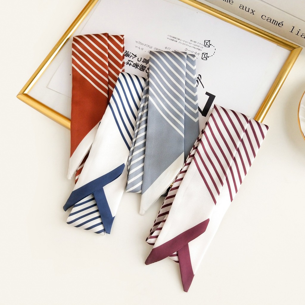 ผ้าพันคอขนาดเล็กสไตล์เกาหลี INS ลายทางเรียบง่าย แฟชั่นผู้หญิง ทันสมัย ใช้งานได้หลากหลาย ผ้าพันคอสำหรับคอ กระเป๋าตกแต่ง ผูกโบว์