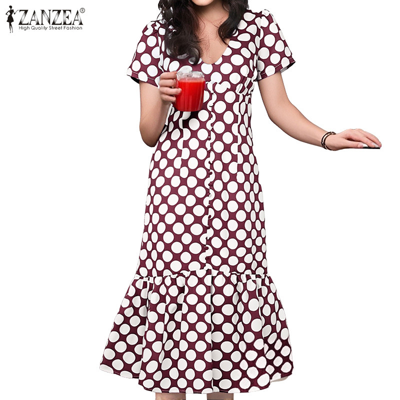 ZANZEA ชุดเดรสเย็บคอวีแขนสั้นลายจุดสตรีแฟชั่นเกาหลี