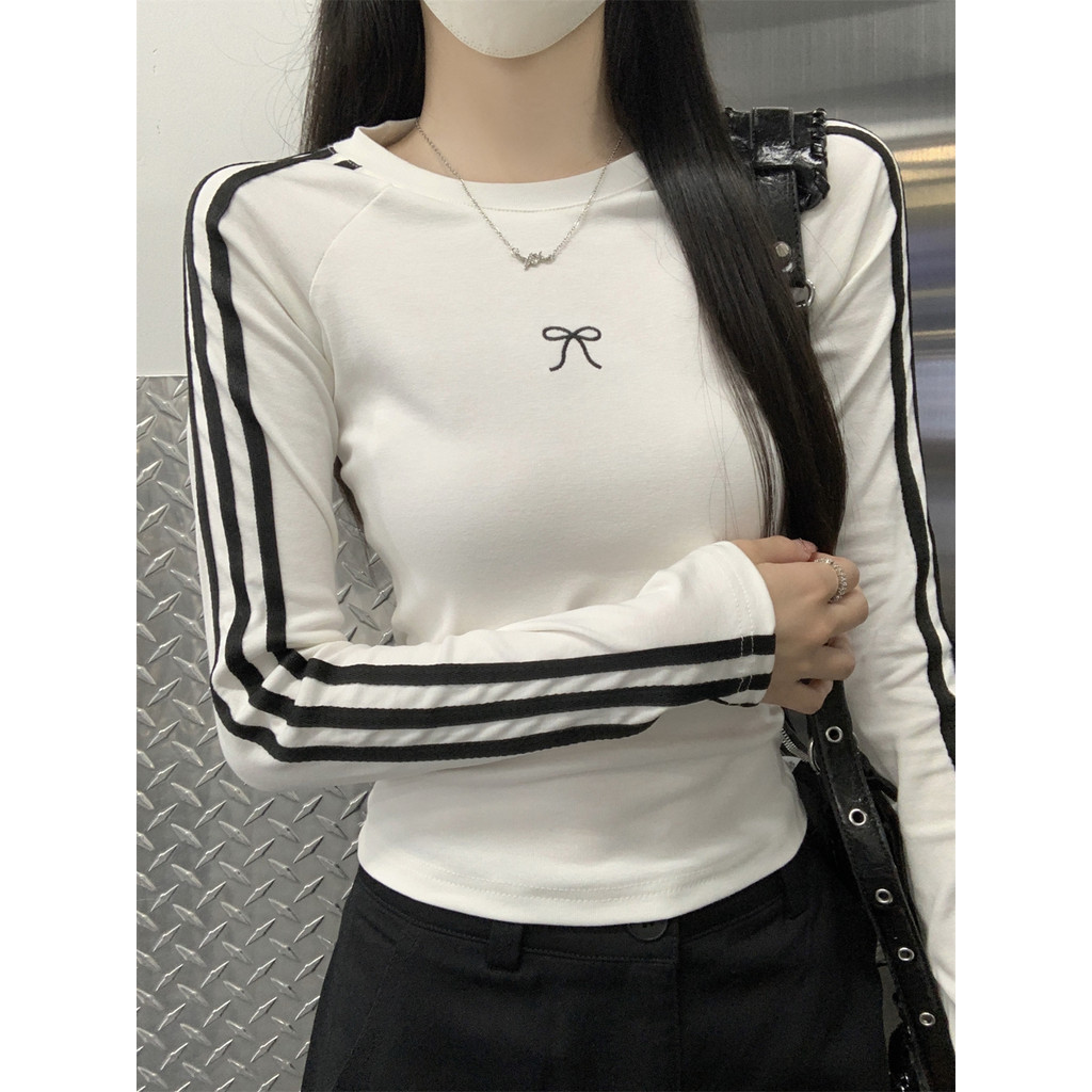 81608 ผ้าฝ้ายแท้คอกลม Raglan ไหล่ Slimmer ดูเสื้อยืดแขนยาว