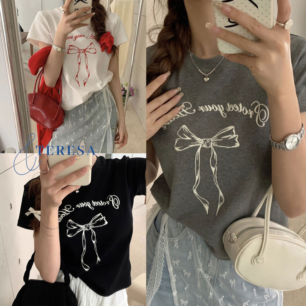 เสื้อยืดแขนสั้นเกาหลี ลายตัวอักษรสวยๆ พร้อมโบว์