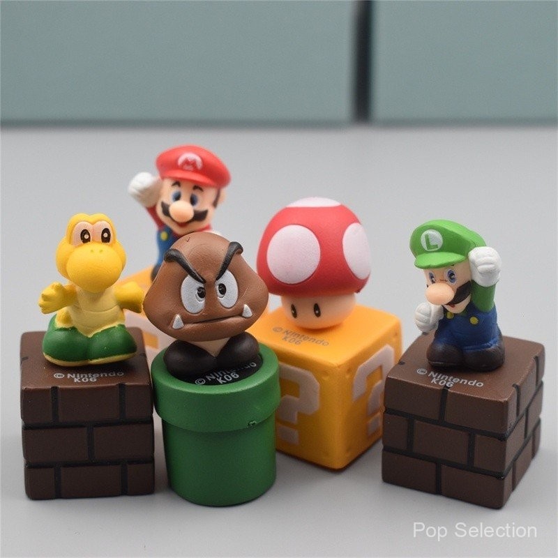 5Pcs/Set Japan Game Super Mario Bros Luigi Koopa Mario Red Mushroom Goomba Drain Pipe Question Mark Brick Props PVC Action Figures Model Dolls Toys