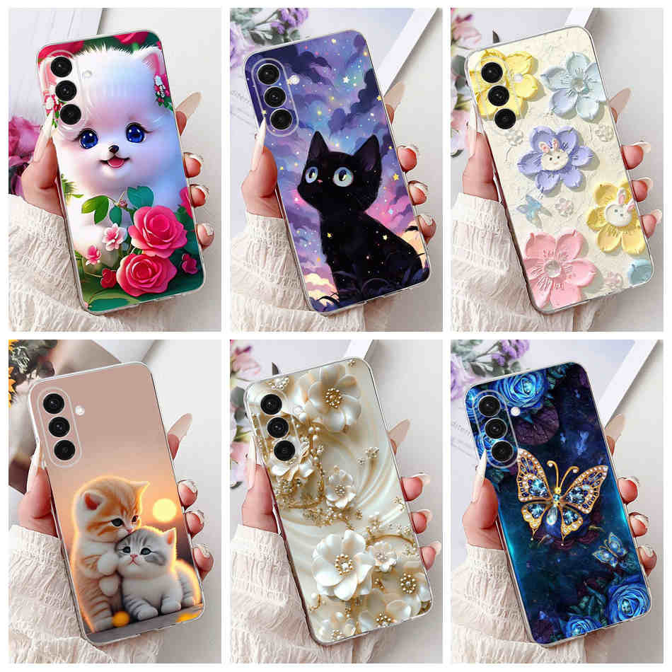 สําหรับ Samsung Galaxy A56 2024 แมวน่ารักผีเสื้อดอกไม้กรณี Samsung A56 5G ซิลิโคนนุ่ม TPU เคสโทรศัพท์
