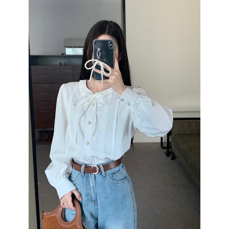 🎀Mona🎀สไตล์ใหม่ สีทึบ ผูกขึ้น ลูกไม้ แขนยาว เสื้อเชิ้ต