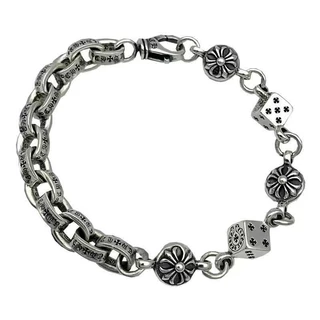Retro Silver สร้อยข้อมือตัวอักษรที่ไม่ซ้ํากันผู้ชายผู้หญิงสไตล์คู่ Retro โซ่เงินไทย Cross Dice Cross Chain สร้อยข้อมือเครื่องประดับของขวัญ