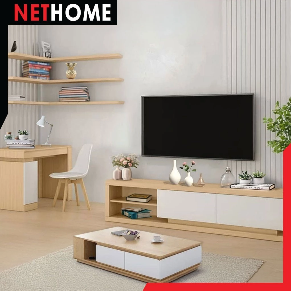 NETHOME ชั้นวางทีวีสไตล์มินิมอล ไม้เนื้อแข็งพร้อมลิ้นชัก Soloma Co thumbnail 7