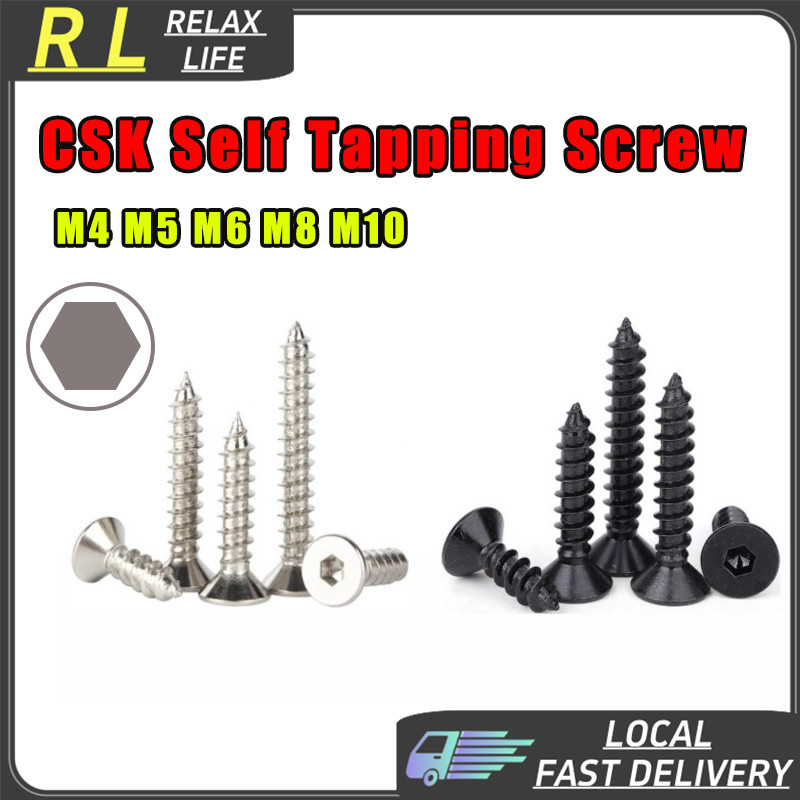 ✨ร.ล✨ สีดํา Nickle Hex CSK Self Tapping สกรูหัวแบน M3 M4 M5 M6 304 สแตนเลสสตีลรูปหกเหลี่ยมรอบ