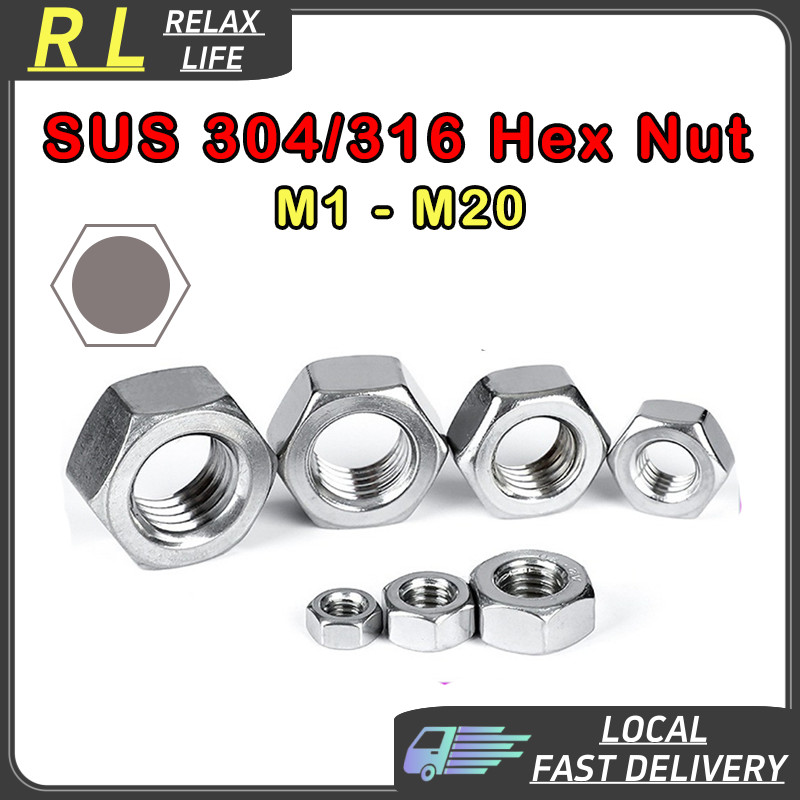 [RL] M1-M20 หัวน็อต ตัวเมีย หกเหลี่ยม สแตนเลส 304 316 เกลียวมิล หยาบ M2 M3 M4 Hexagon Nut Stainless Steel SUS304 M5 M6 M8 M10 M12 M14 M16 M18 M20