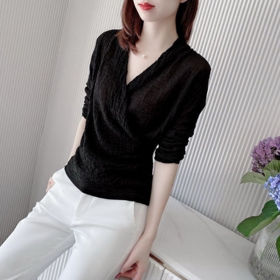 เวอร์ชั่นเกาหลีฤดูใบไม้ผลิฤดูใบไม้ร่วงสไตล์ใหม่ High-End V คอจีบด้านในเสื้อยืดแขนยาวแฟชั่น Classy Simple All-Match Sli