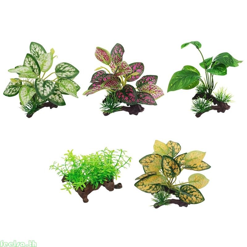 Feela Aquarium ประดิษฐ์ Driftwood Twigs พร้อมพืชพลาสติกสําหรับน้ําเค็มน้ําจืด