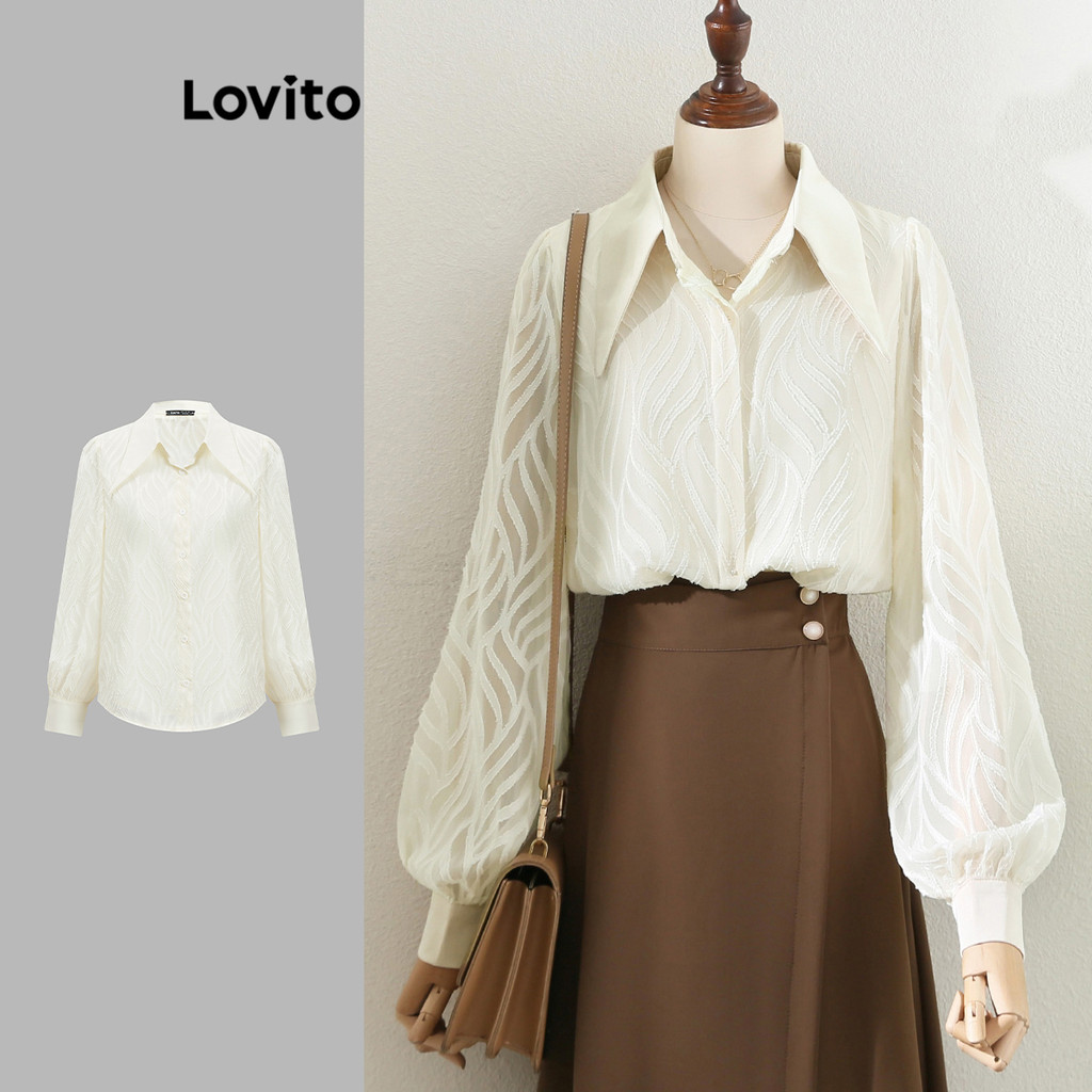 Lovito เสื้อเบลาส์ผ้าเนื้อหยาบพิมพ์ลายเรียบง่ายสำหรับผู้หญิง L110AD1287
