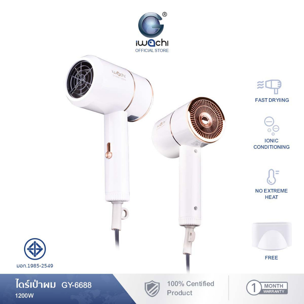 IWACHI ไดร์เป่าผม รุ่น GY-6688 1200W ขนาดพกพา ปรับลมได้ 3 ระดับ ผมแห้งไว ไม่ทำลายเส้นผม