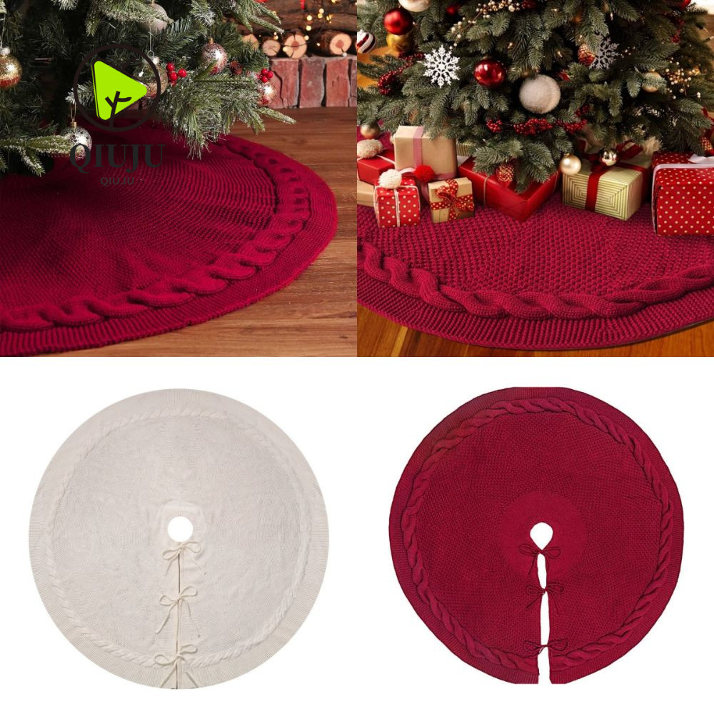 Qiju กระโปรงต้นคริสต์มาส, สายเคเบิลถักรอบ Thicken Xmas Tree ฐาน, ที่ละเอียดอ่อนสีแดงครีมตกแต่งบ้าน Rustic Christmas Tree Decor