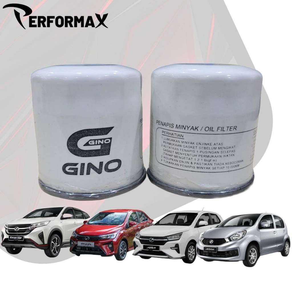 กรองน้ํามันเครื่อง GINO PERODUA สําหรับ AXIA / BEZZA / ARUZ / MYVI 2018 ABOVE / ALZA 2019 ABOVE
