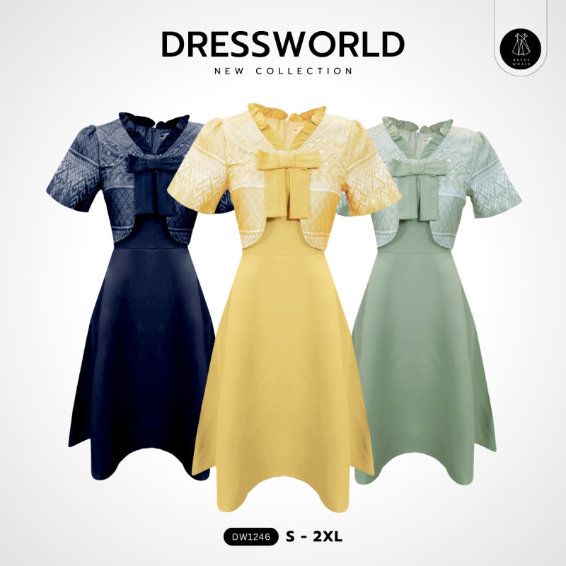 Fairyangelstore - เดรสชุดไทยคอวีแต่งโบว์กระโปรงบาน (DW1246)
