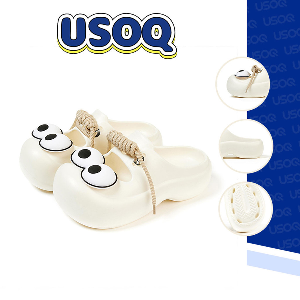 Usoq Big eyes ผู้หญิง Crocs การ์ตูนลื่นรองเท้าแตะผูกเชือกชายหาดรองเท้าแตะเพิ่มความสูง