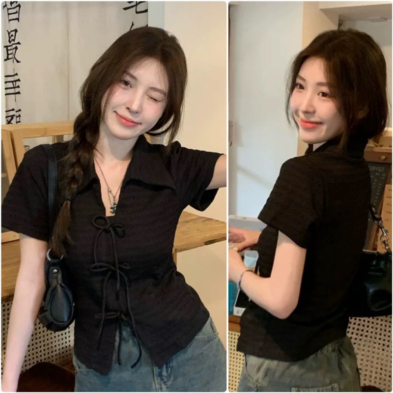 ลมน่ารักฝรั่งเศส เสื้อยืดแขนสั้นผูกโบว์ รุ่นสั้น คอโปโล ด้านบนเฉพาะกลุ่ม 106