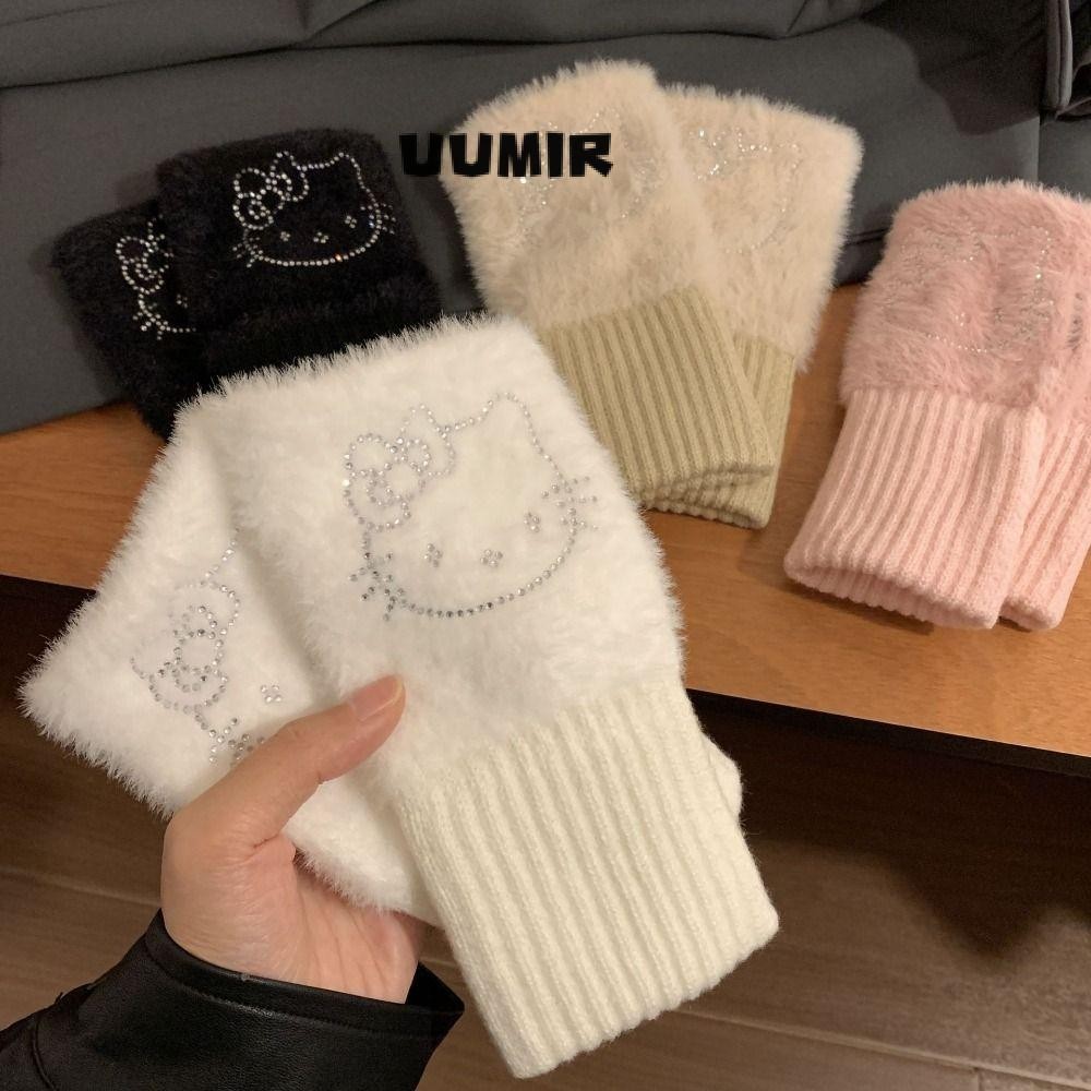 Uumir ถุงมือครึ่งนิ้ว, Hello Kitty Plush Fingerless Mittens, Soft Mink Fleece Thicken ถักถุงมือ