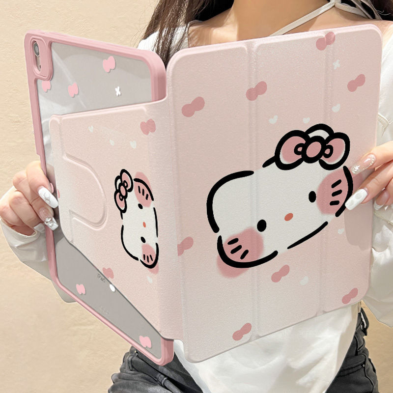 เคส Ipad ปรับได้ 360 องศาBlushingน่ารักHello Kitty เหมาะสําหรับอะคริลิค iPad Air6 Gen7/8/9 10.2 Gen5/6 9.7 Air4 Air5 10.9 Pro11 2018/2020/2021 Gen10