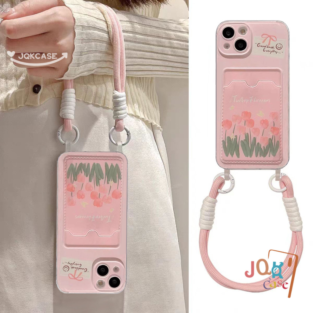 สีชมพู เคสไอโฟน15 ทิวลิป สำหรับ IPhone 13 11 15 14 16 12 Pro Max 8Plus 7Plus XS XR X Max 7 8 15 Plus SE เคสใส่บัตร เคส