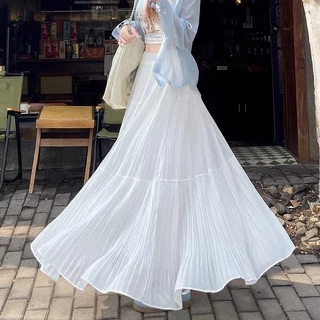 กระโปรงพลีทผ้าชีฟองสีพื้นเอวสูงใส่แล้วดูผอมเพรียวด้านในป้องกันความโปร่งใสทําให้ขาดูยาวขึ้นป้องกันไฟฟ้าสถิตย์และผ้านิ่ม