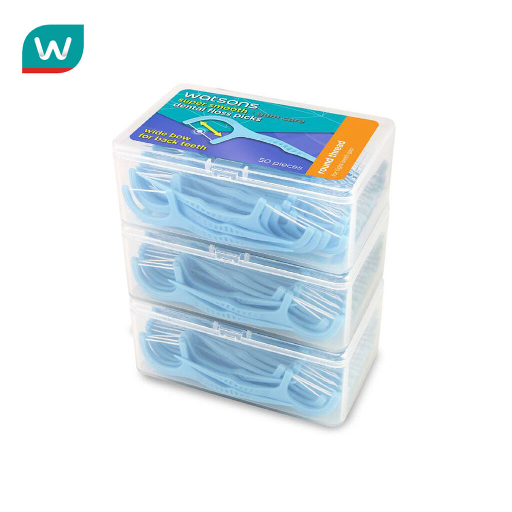 Watsons วัตสัน ซุปเปอร์ สมูธ ไหมขัดฟันเส้นกลม สำหรับฟันซี่ใหญ่ ชนิดด้าม 50 ด้าม แพ็ค 3 กล่อง