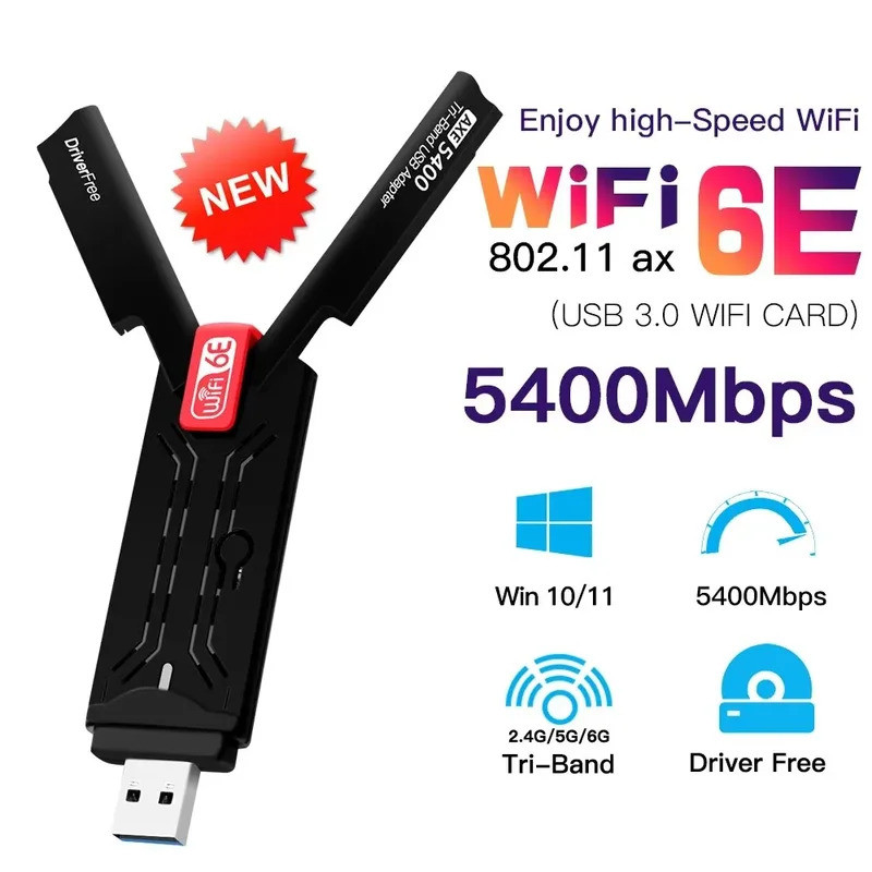 WiFi 6E AX5400 USB3.0 อะแดปเตอร์ Triple Band การ์ดเครือข่ายไร้สาย 802.11AX 6GHz เสาอากาศรับสัญญาณสูง