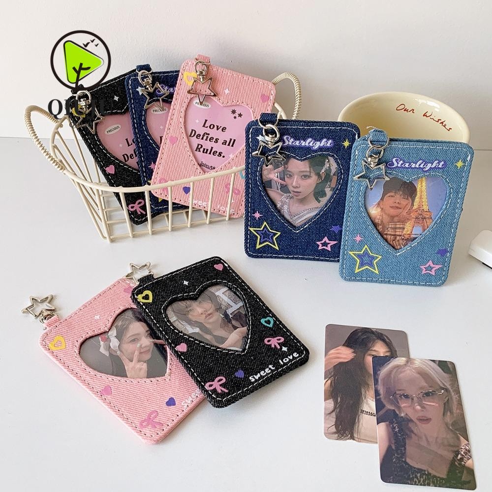 QIJU K-Pop Idol Photo Card Storage, Denim Y2K Card Holder, แฟชั่นพร้อมพวงกุญแจกระเป๋าจี้สาว