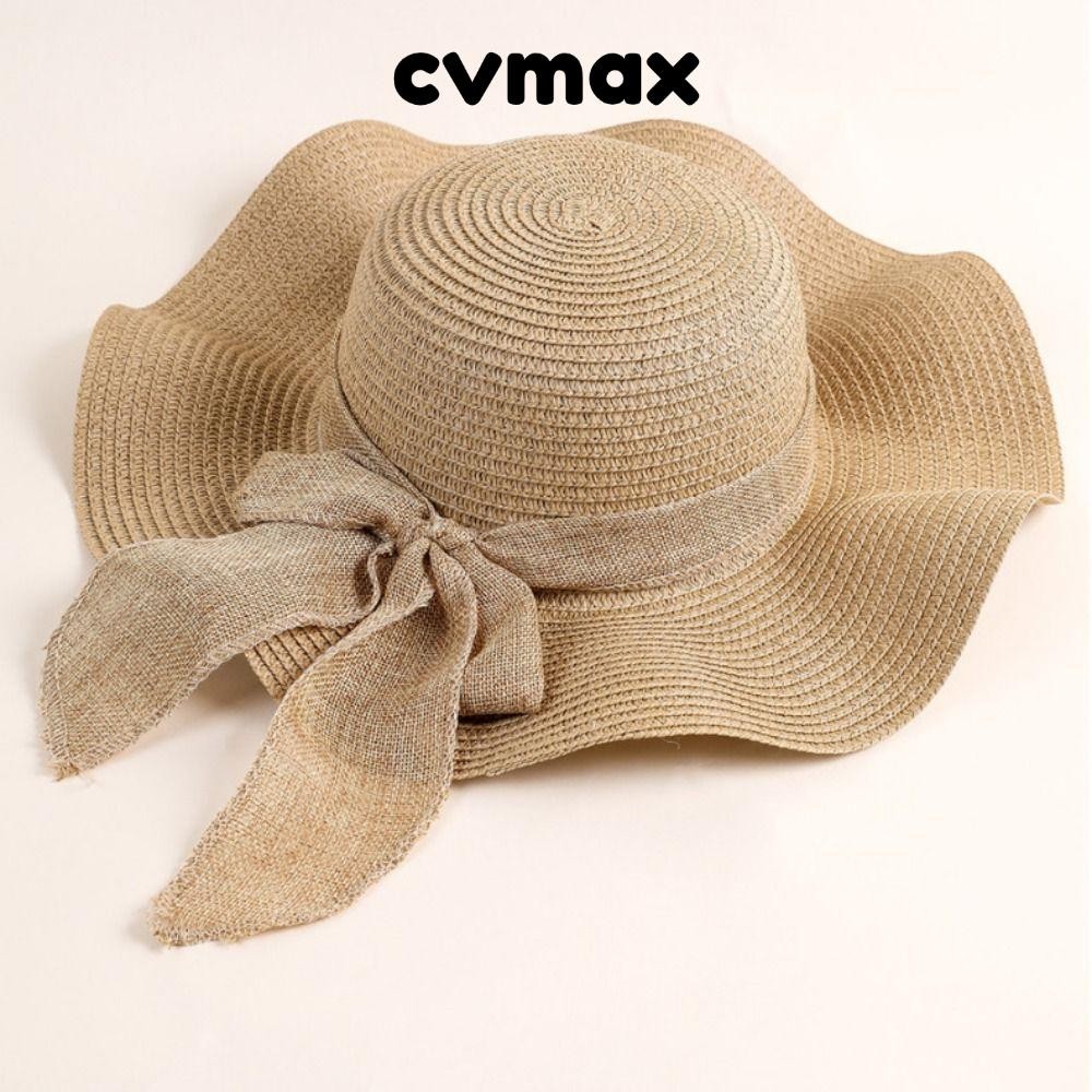CVMAX หมวกชายหาด, ริบบิ้นโบว์ หมวกสานสําหรับเดินทางปีกกว้าง, หมวกบังแดดแบบพับได้ป้องกันรังสียูวีแบบพกพาแบบสบาย ๆ