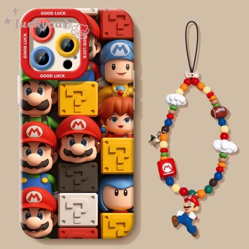 ใช้งานร่วมกับ iPhone 16 15 14 13 12 11 Pro Max X Xr Xs Max 7 8 Plus SE2020 เคสโทรศัพท์การ์ตูนน่ารัก Mario Family + Lanyard Soft Cover