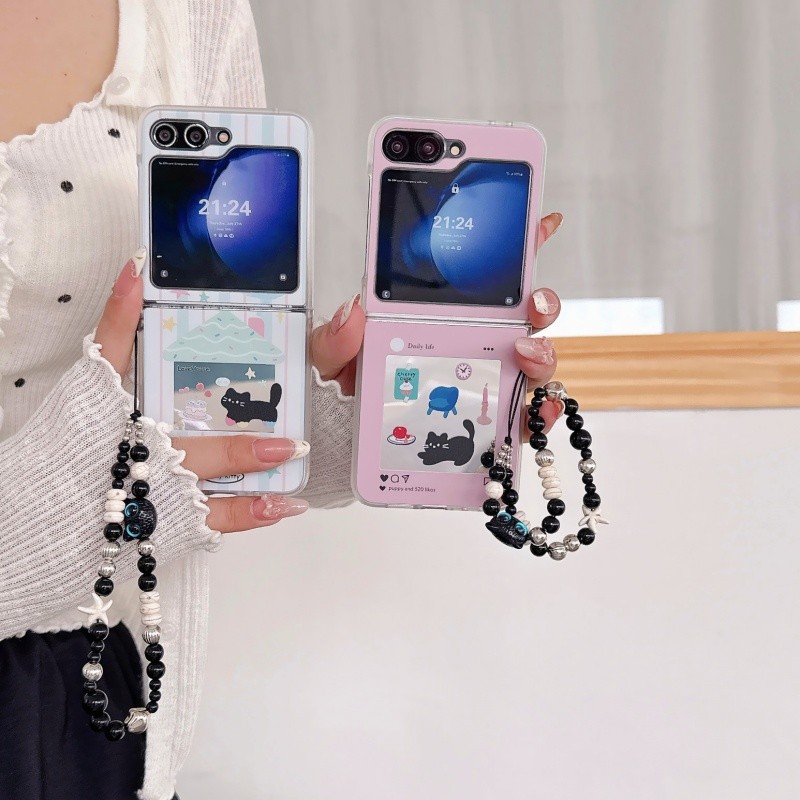 SAMSUNG LUKENเคสโทรศัพท์สําหรับSamsung Galaxy Z Flip 7 6 5 4 3 OPPOค้นหาN2 N3 Flip Black Catกระจกกลั