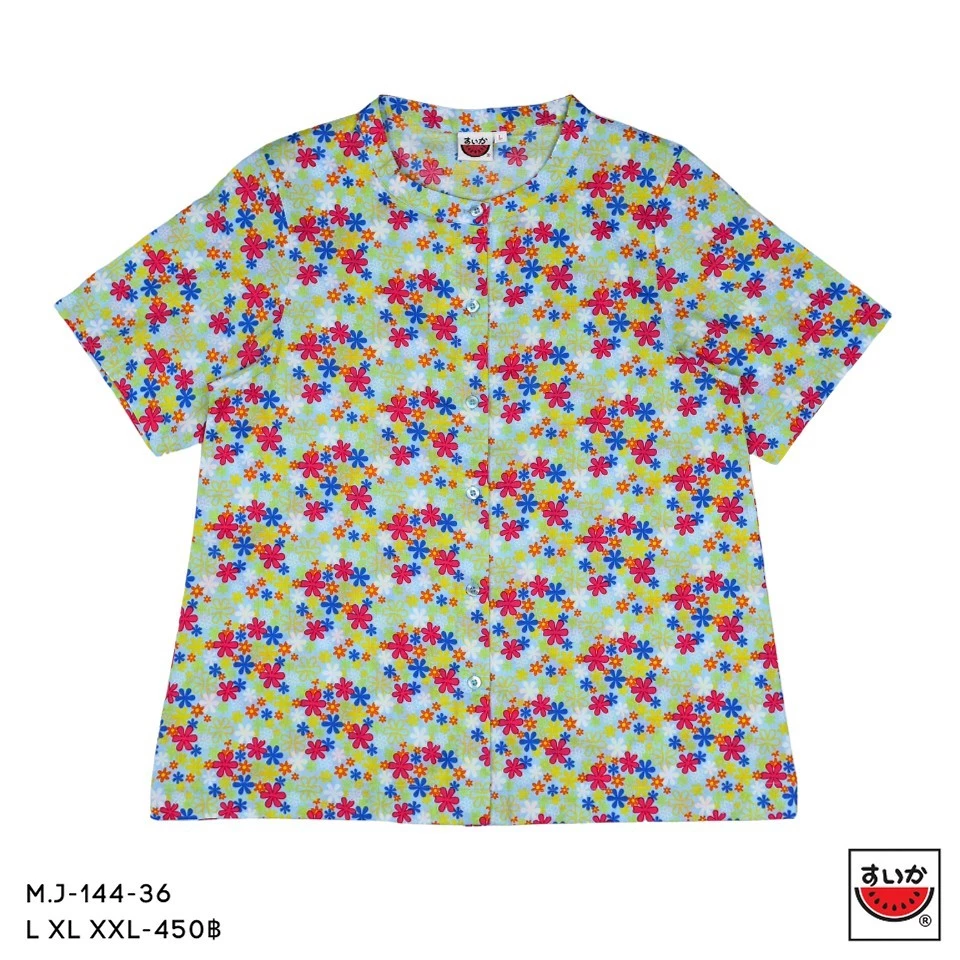 เสื้อแตงโม SUIKA คอจีนผ่าหน้าแขนสั้น พิมพ์ลายดอกผักแว่น M.J-144 thumbnail 4